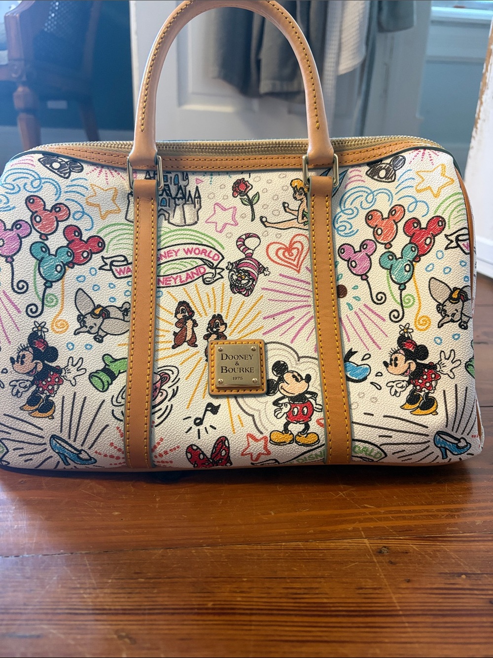 Dooney & Bourke White Multi Disney Character Satchel with Tan Trim